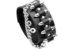 Fusamk Punk Rock Snap Bracelet Bullet Chain Wristband Wide Leather Cuff Bracelet