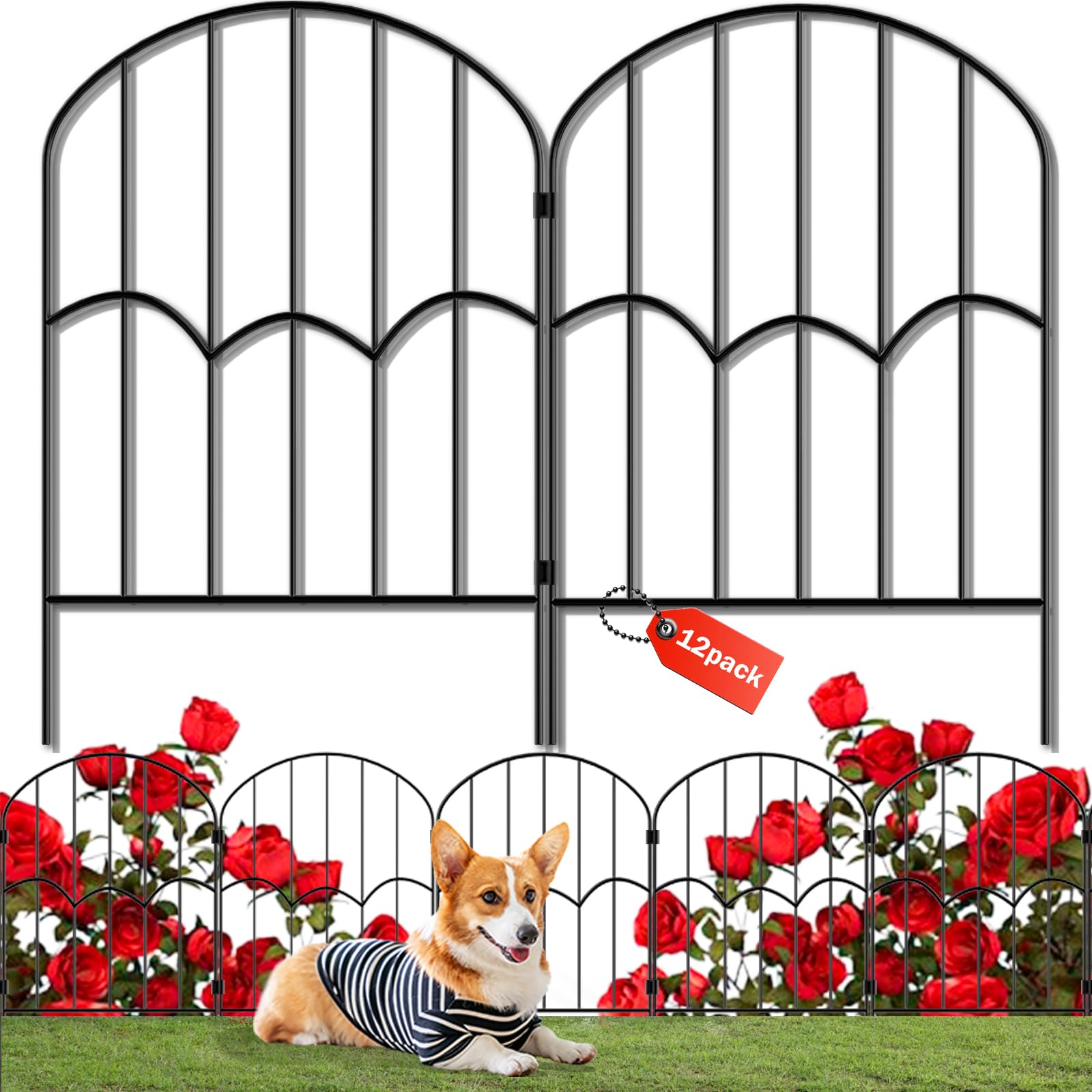 Photo 1 of 12 Panels Decorative Garden Fence Dog Fence Outdoor for Yard 13ft (L) X 2ft (H) Black Animal Barrier with No-Dig Stakes Arched Rustproof Metal Wire Decorative for Flower Landscaping and Garden Edging