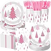 Pickmesh 400 Pcs Pink Winter Party Supplies Silver Xmas Tree Snowflake Disposable Paper Plates Napkins Cups Cutlery for Winter Xmas Christmas Birthday Party Table Decorations Serve 50