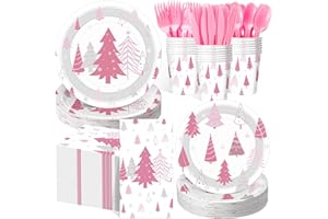 Pickmesh 400 Pcs Christmas Party Supplies Pink Silver Xmas Tree Snowflake Disposable Paper Plates Napkins Cups Cutlery for Winter Xmas Christmas Birthday Party Table Decorations Serve 50