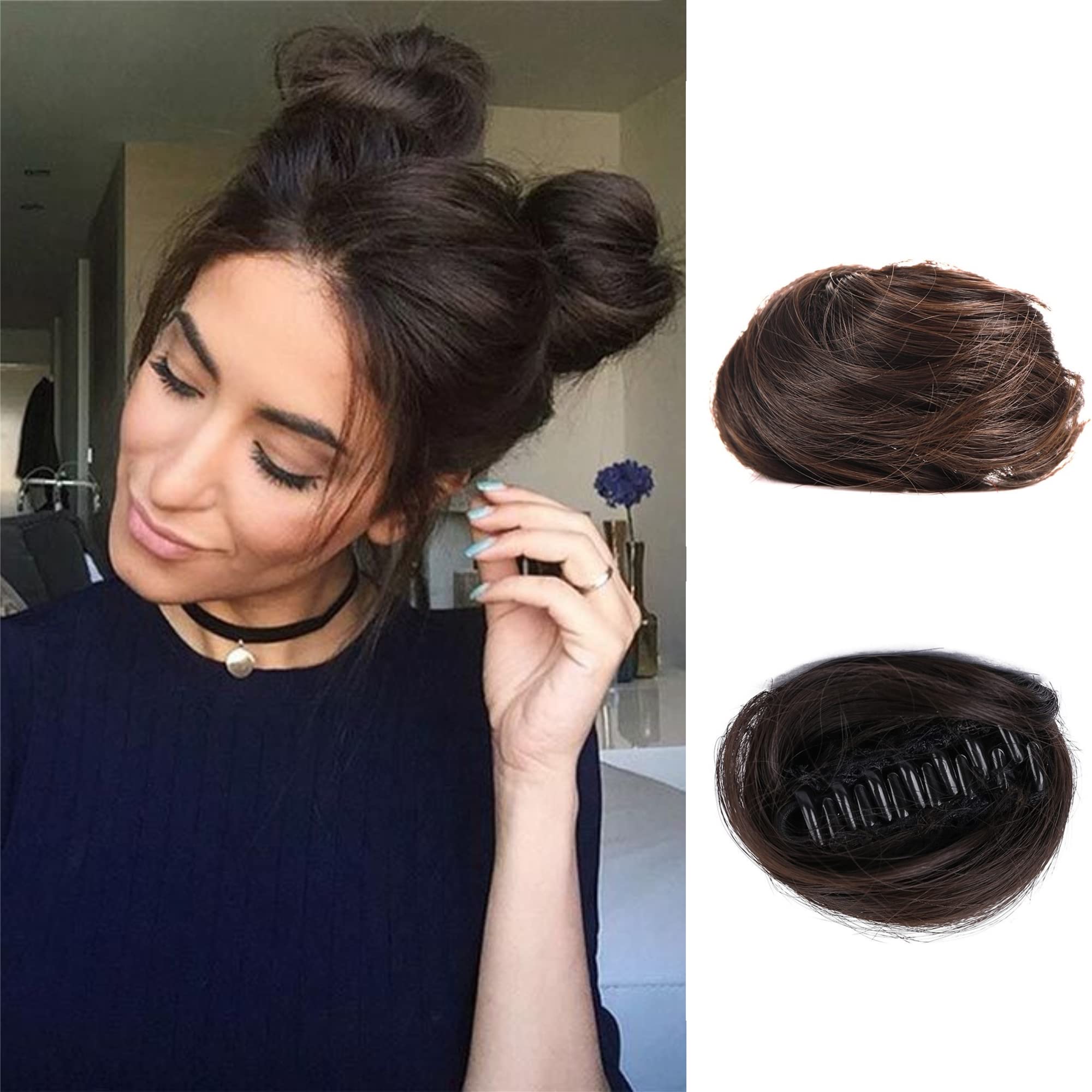 SJZDYLXY 2PCS Space Bun Claw Clip in Buns Donut Chignon Cat Ears DIY Hair Buns Updo Hairpieces Hair Extensions Wig Accessory for Women Girls (#black brown), 68 g