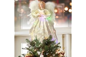 YUQI Angel Christmas Tree Topper Ornament with White Feather Wings, Xmas Trees Topper Star for Home Holiday Party Christmas Trees Decorations - Gold, 12 Inch