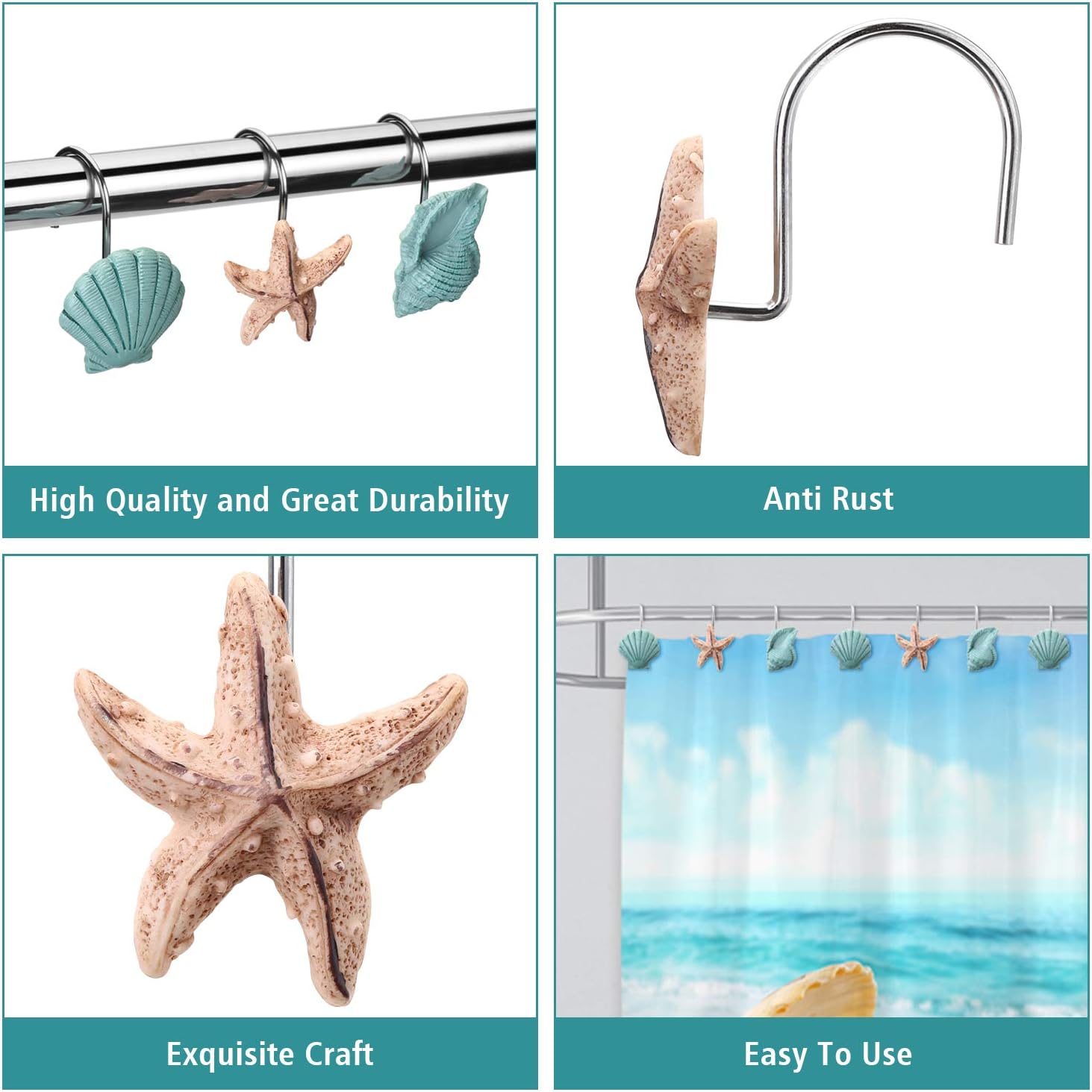AGPTEK Shower Curtain Hooks, 12PCS Anti Rust Decorative Resin Hooks for Bathroom, Baby Room, Bedroom, Living Room Decor (Blue Seashell): Furniture & Decor