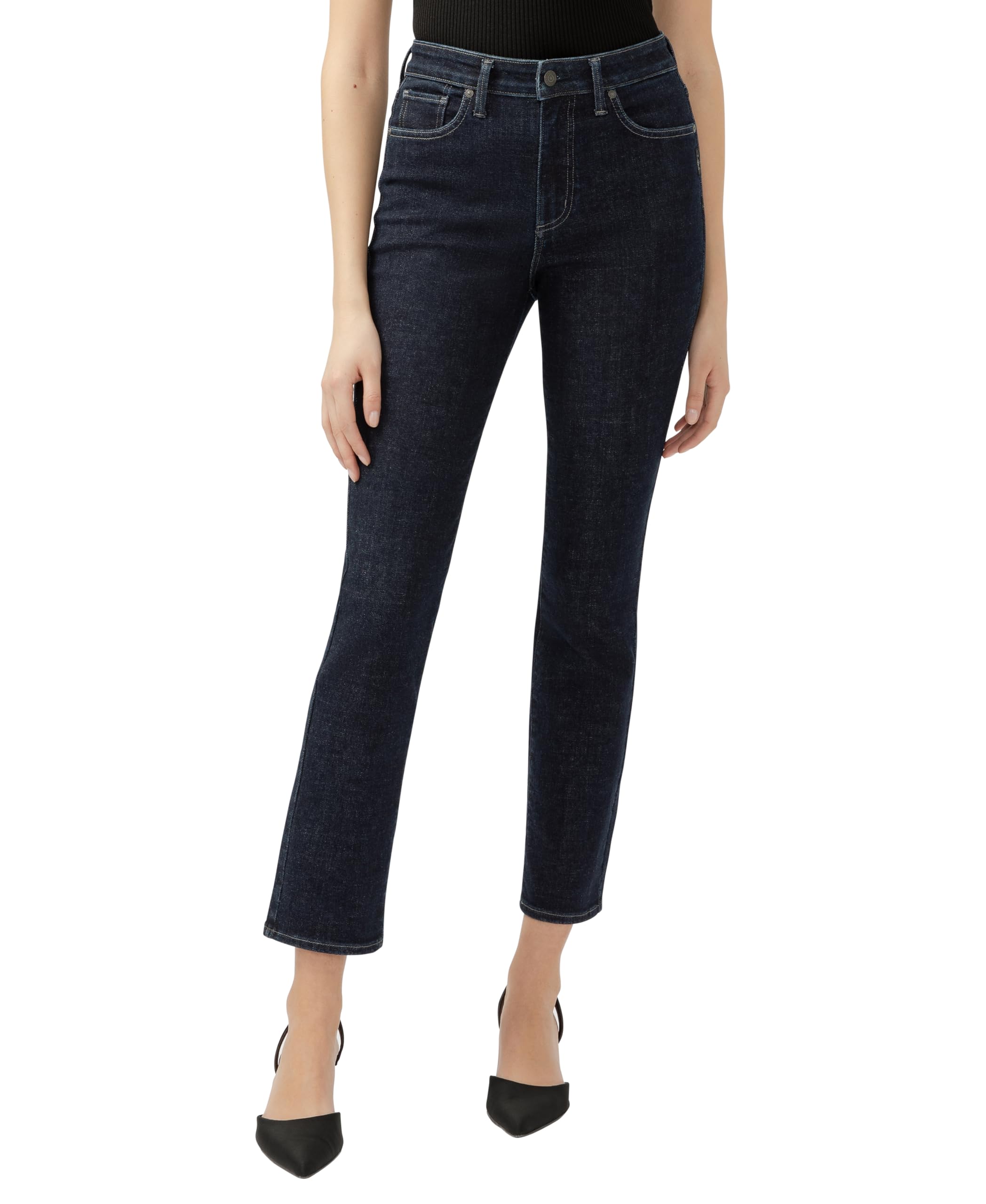 Silver Jeans Co. Women’s Isbister High Rise Straight Leg Jeans, Dark Wash