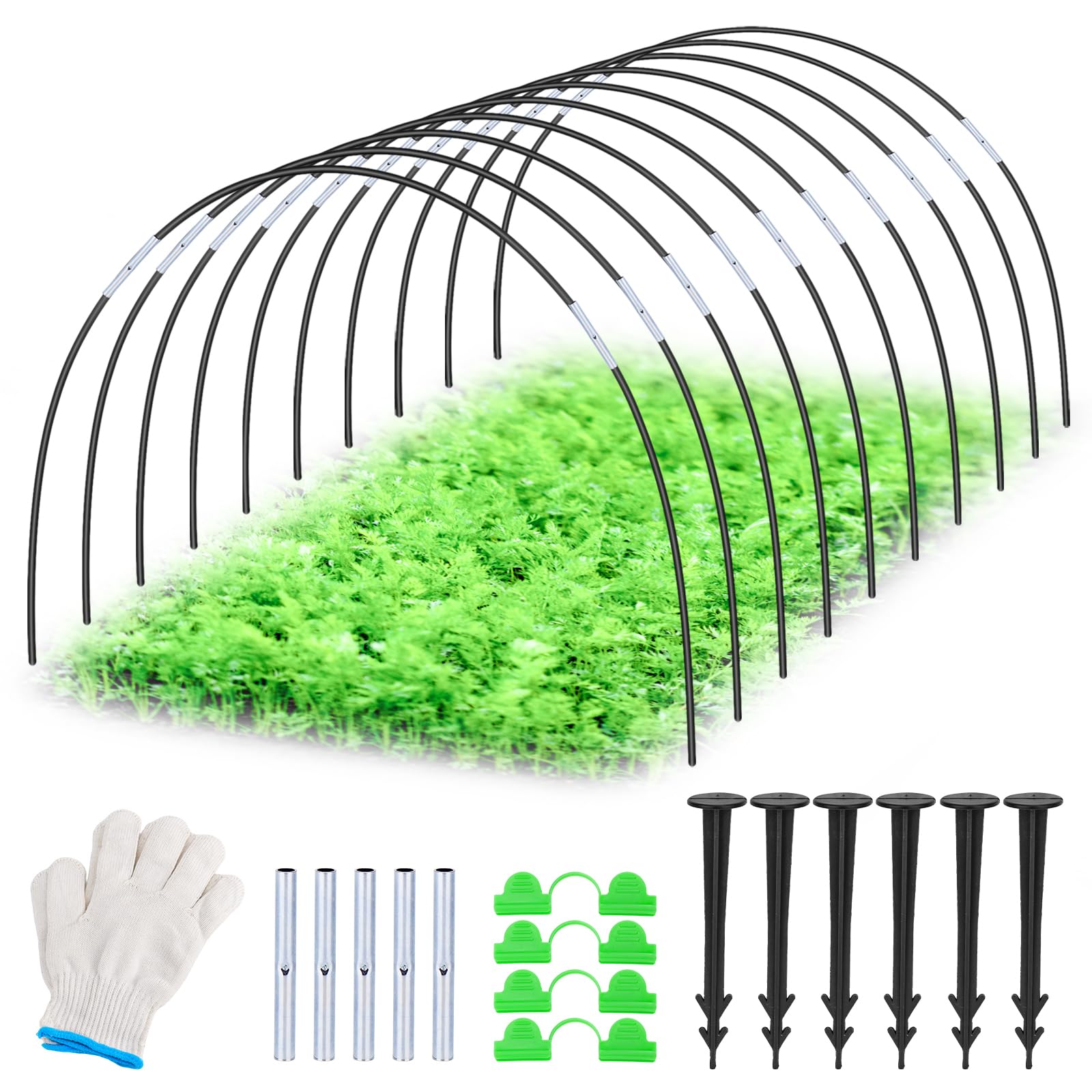Hysagtek 30Pcs Garden Hoops for Netting Raised Bed Greenhouse Hoops for Raised Beds with 20 Clips 20 Connection Pipes 20 Ground Pegs & Gloves DIY Grow Tunnel Hoops Garden Fabric Plants Vegetable, 43CM