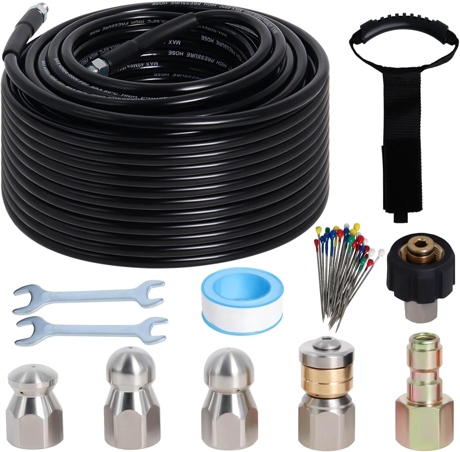 Photo 1 of 100FT Sewer Jetter Kit for Pressure Washer, 5800PSI Water Jet Durable Drain Cleaner Hose 1/4 Inch NPT Corner with 4 Specialized Nozzles?Waterproof Tape, Pearl Corsage Pin, Handle Strap & 2 Spanners