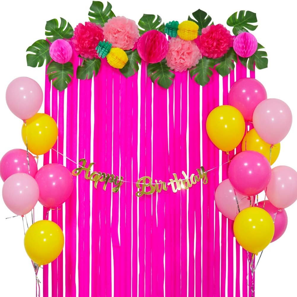 UTOPP Tropical Flamingo Party Decorations Kit,Birthday Banner, Honeycomb Pineapple Ball, Pom Poms Paper Flowers with Yellow Hotpink Balloons for Birthday Party Hawaii Luau Summer Beach Party Supplies