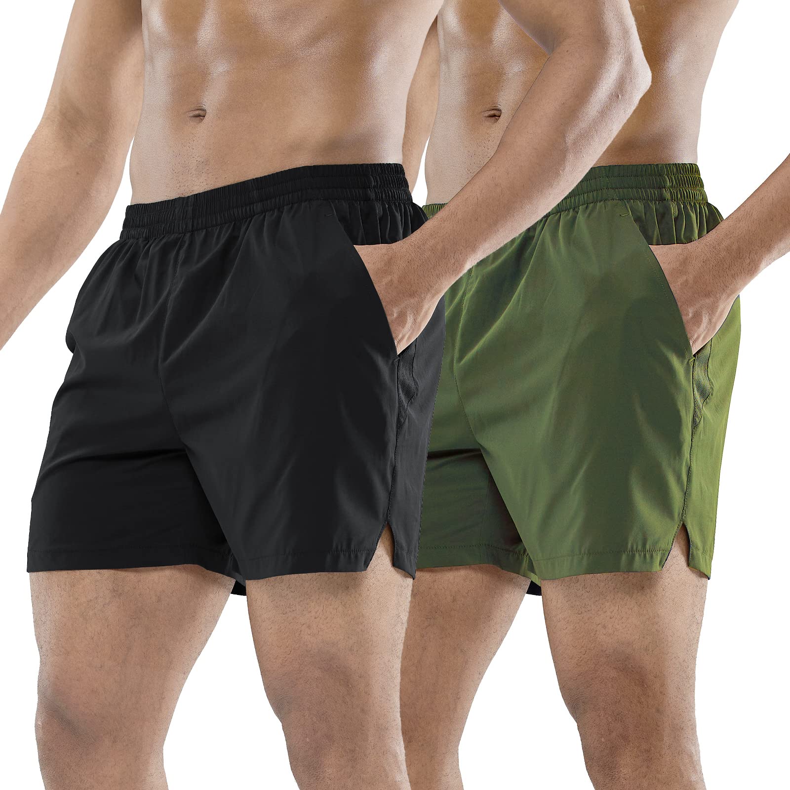 MIER 5 Inch Inseam Shorts for Men with Pockets Dry Fit Athletic Running Gym Workout Shorts, 2 Pack, Black/Army Green, X-Small Image