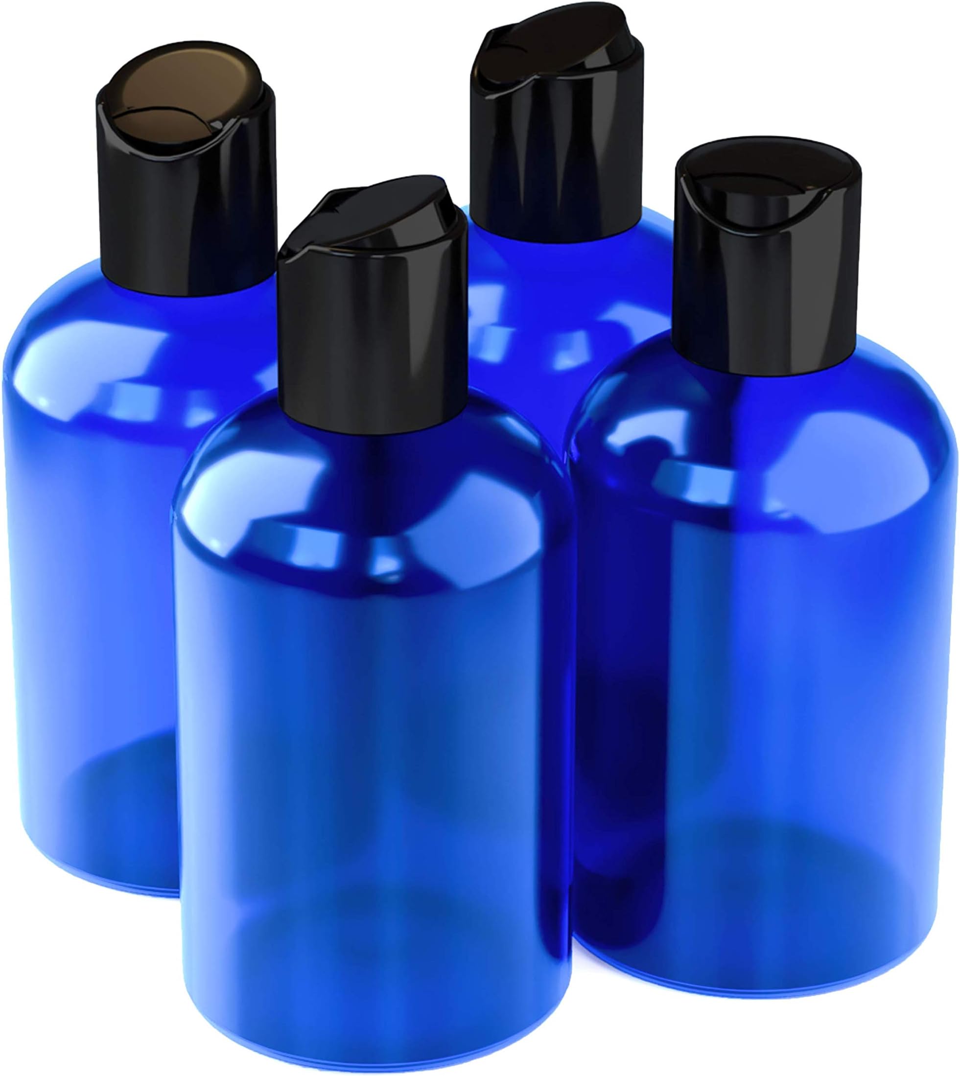 4-PACK 4 oz Blue PET Boston Round Plastic Bottle with Black Disc Cap, Great for Travel, Refill container for Liquid Soap, Lotions, Massage Oil, and Haircare Products.