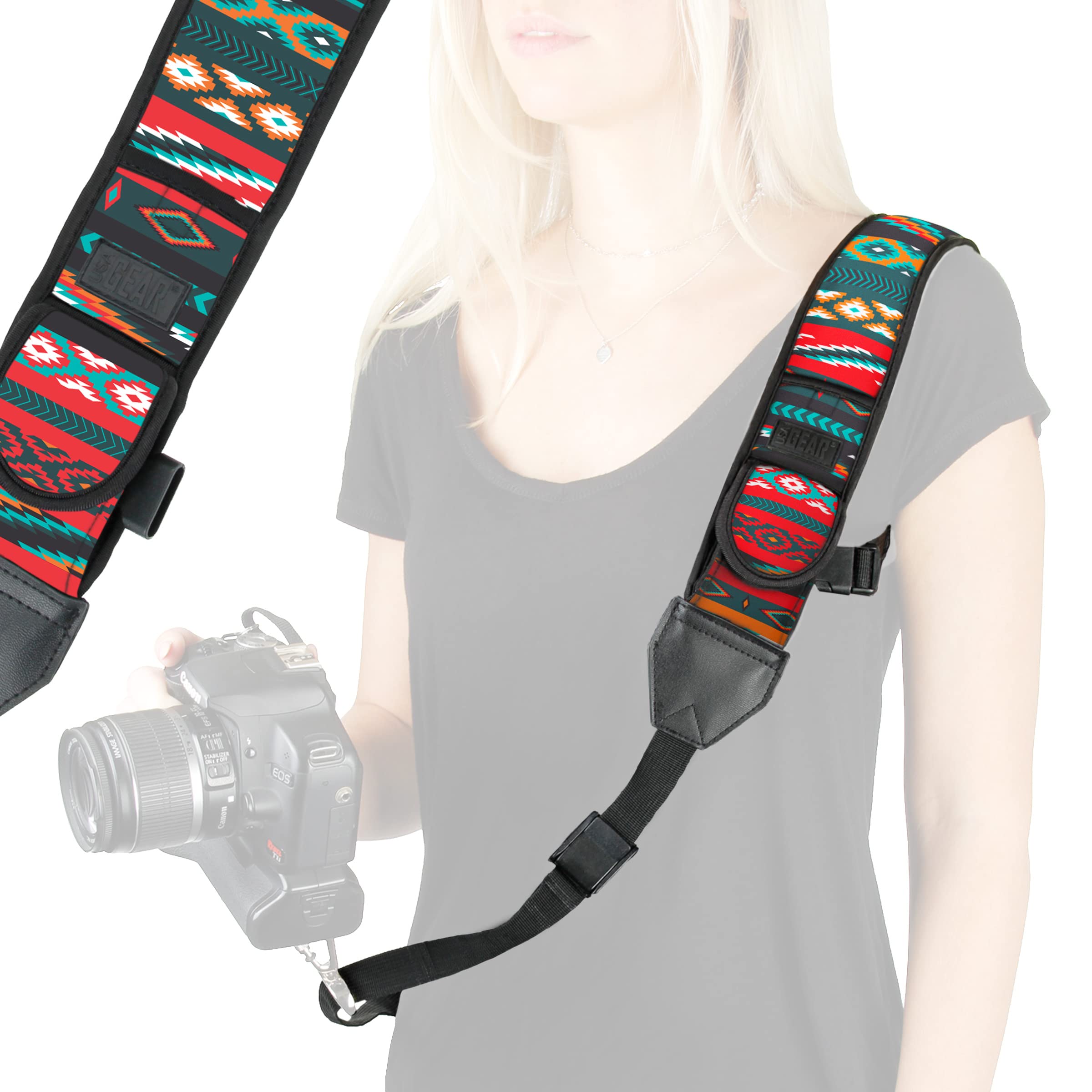 USA Gear DSLR Camera Strap with Adjustable Shoulder Sling in Neoprene, Accessory Pocket and Quick Release Safety - Compatible with Canon, Fujifilm, Nikon, Olympus, Panasonic, Pentax, Sony, etc - Aztec