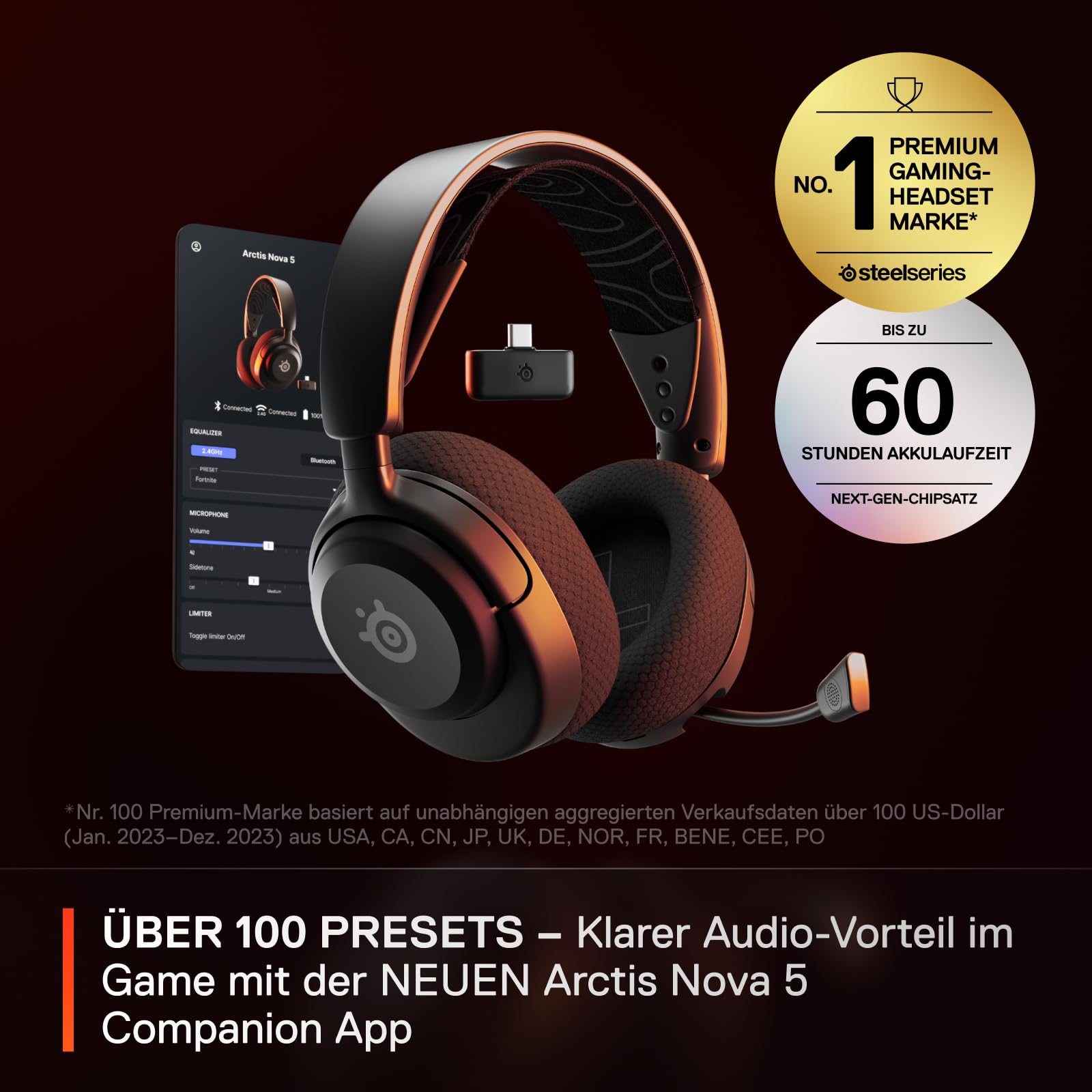 SteelSeries Arctis Nova 5 Wireless - Gaming Headset- Multi-System -PC,PS5 - Magnetische Neodym-Treiber -Über 100 Audio Presets - 60H Akkulaufzeit - 2,4 GHz oder BT-ClearCast Gen2.X-Mik 5