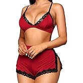 RSLOVE Sexy Pajamas for Women Soft Lingerie Set Lace Trim Sleepwear 2 piece Pjs Shorts Set