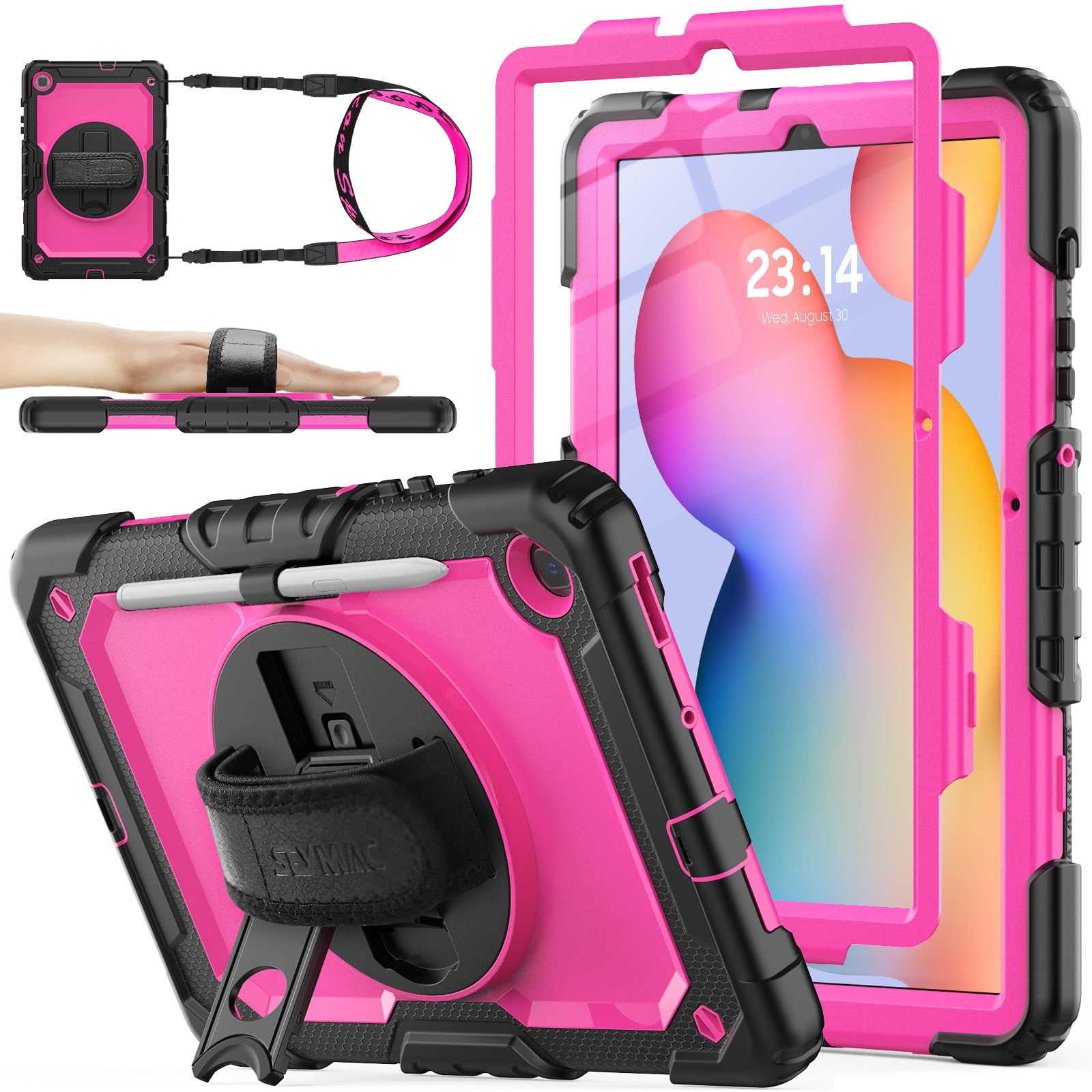 SEYMAC stock Case for Samsung Galaxy Tab S6 Lite 10.4 Inch 2024/2022/2020, Full Body Shockproof S6 Lite Case with Screen Protector, 360 Rotating Hand Strap/Stand, Pen Holder, Shoulder Strap, Rose