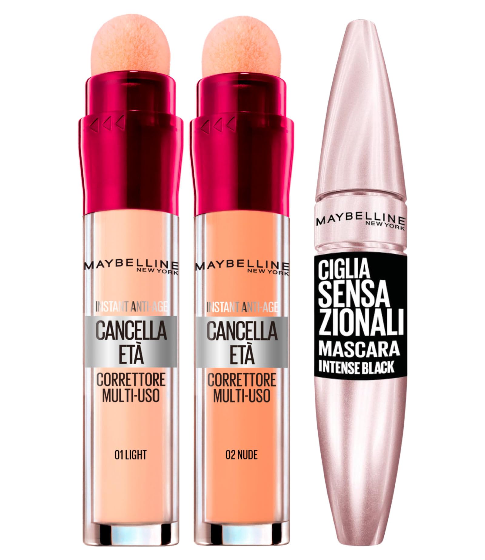 2x Maybelline New York Age-Erasing Liquid Concealer with Gogli Berries Colors 02 Nude and 01 Light + 1x Volumizing Mascara Sensational Eyelashes Intense Black