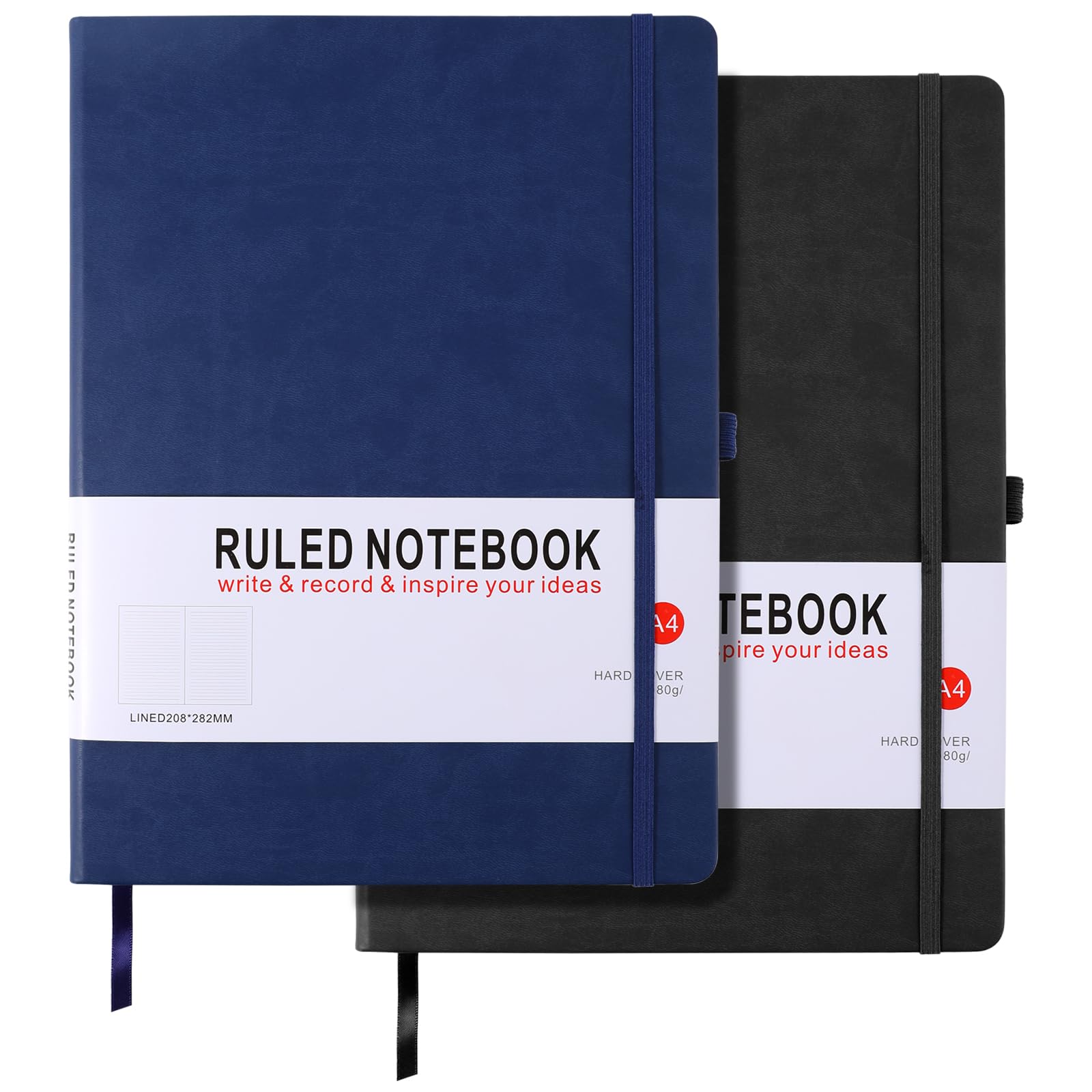 HIJYOO 2 Pack Notebook A4 Lined Journal Notebook Hardcover Notepad A4 with Bookmark, Pen Loop, and Elastic Closure, Note book for Women Men Work Office School, 8.3" X 11.35" (Black+Blue) — image 1