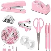 SKYDUE Pink Office Desk Accessories, Pink Office Supplies, Stapler, Tape Dispenser, Scissors, Clips and 1000pcs Staples,Office Supplies for Desk for Women