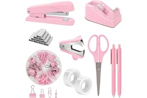 SKYDUE Pink Office Desk Accessories, Pink Office Supplies, Stapler, Tape Dispenser, Scissors, Clips and 1000pcs Staples,Office Supplies for Desk for Women