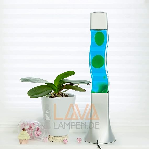 Quadratische Lavalampe'Beckster', Flüssigkeit blau, Wachs grün 41cm hoch Lavaleuchte
