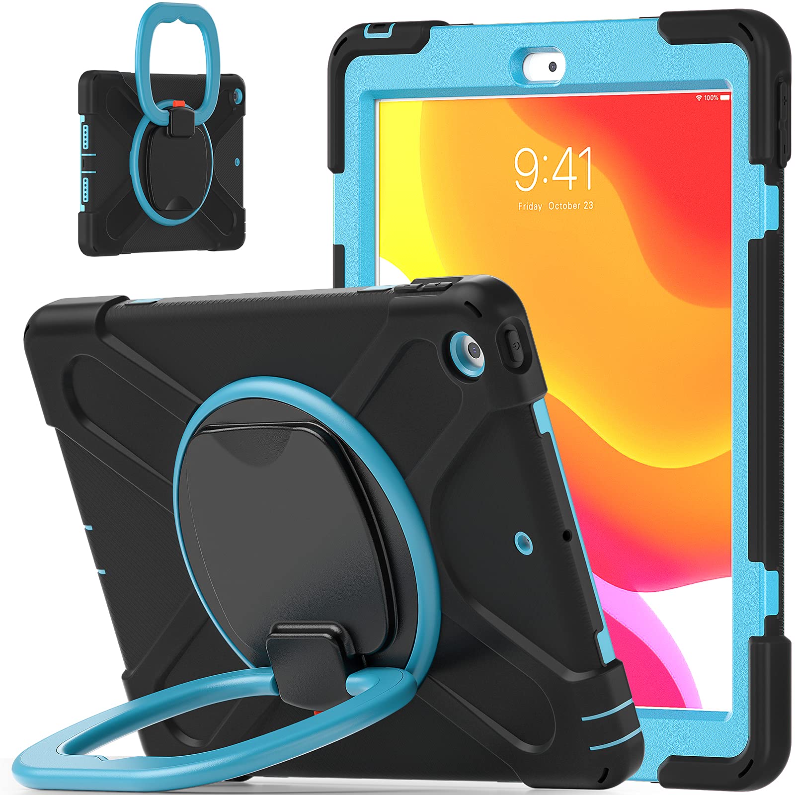 Bspring Case Fit New iPad 8th/7th Generation 10.2"/iPad 10.2 Case 2020/2019, Shockproof Heavy Duty Protective Case, 360 Degree Rotate Stand,Black blue