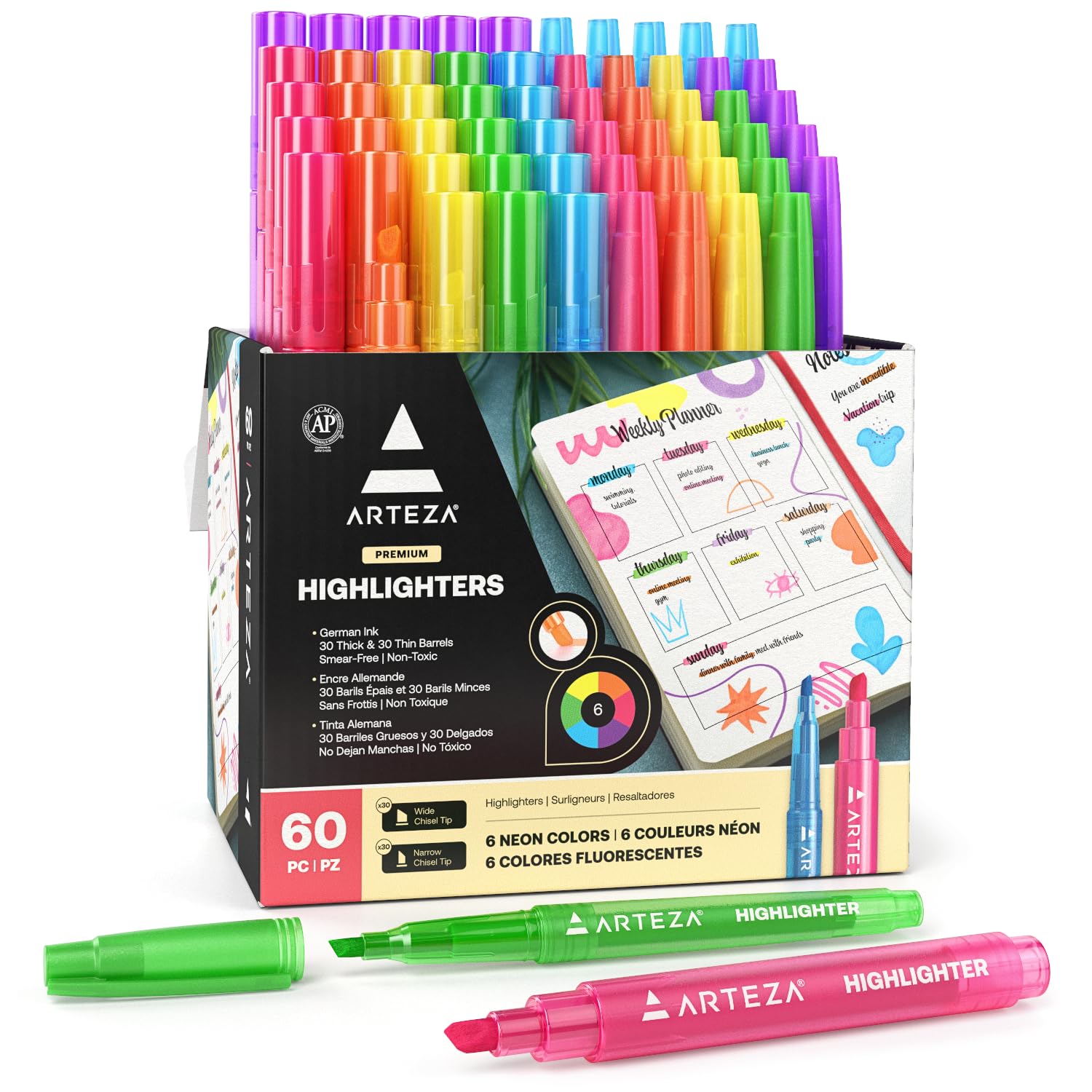 ARTEZA Coloured Highlighter Pens, Set of 60, Wide and Narrow Chisel Tips, 6 Assorted Neon Colours