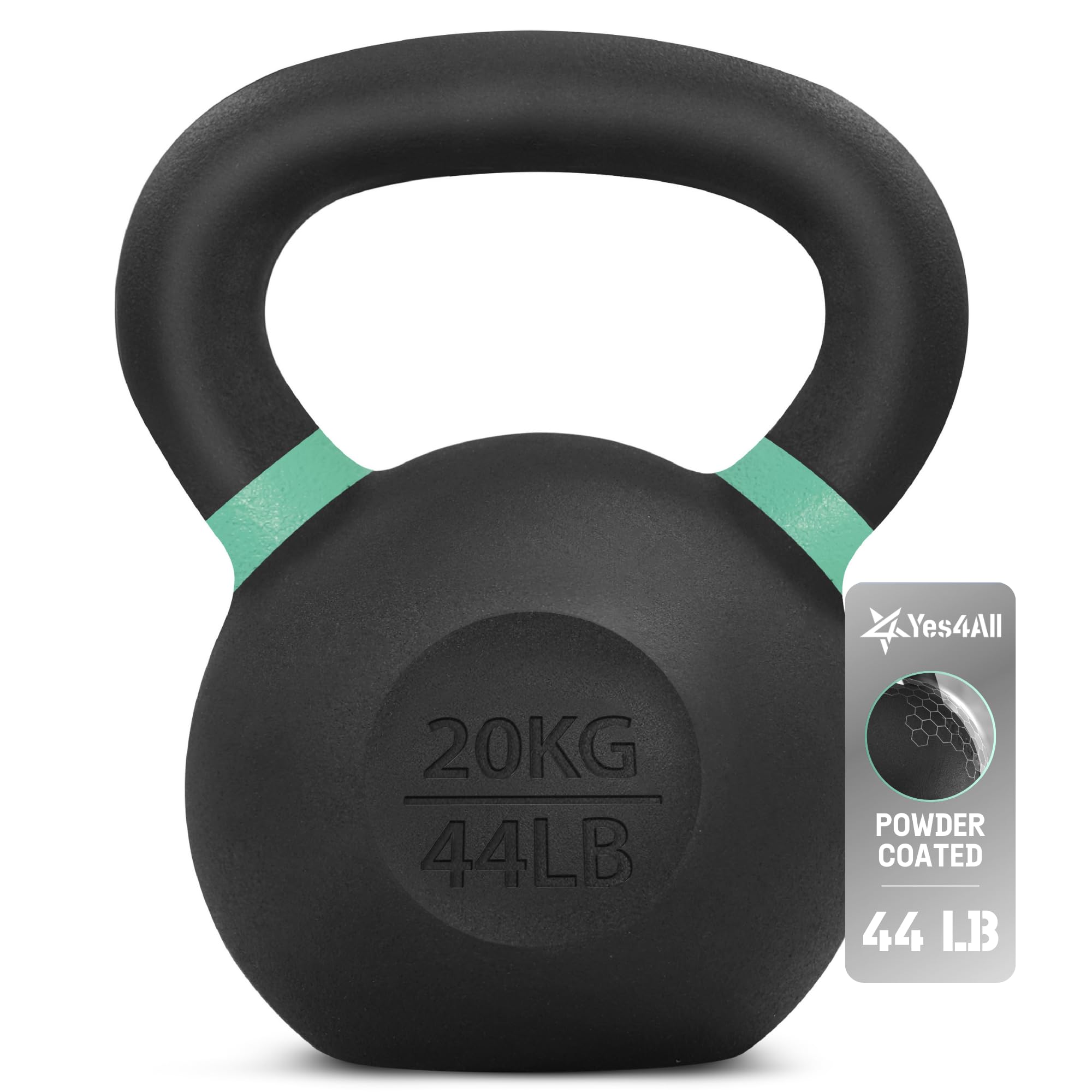 Photo 1 of Yes4All Color Code Cast Iron Powder Coated Kettlebell with Large Handle & Flat Base, H - Green - 20 KG / 44 LB