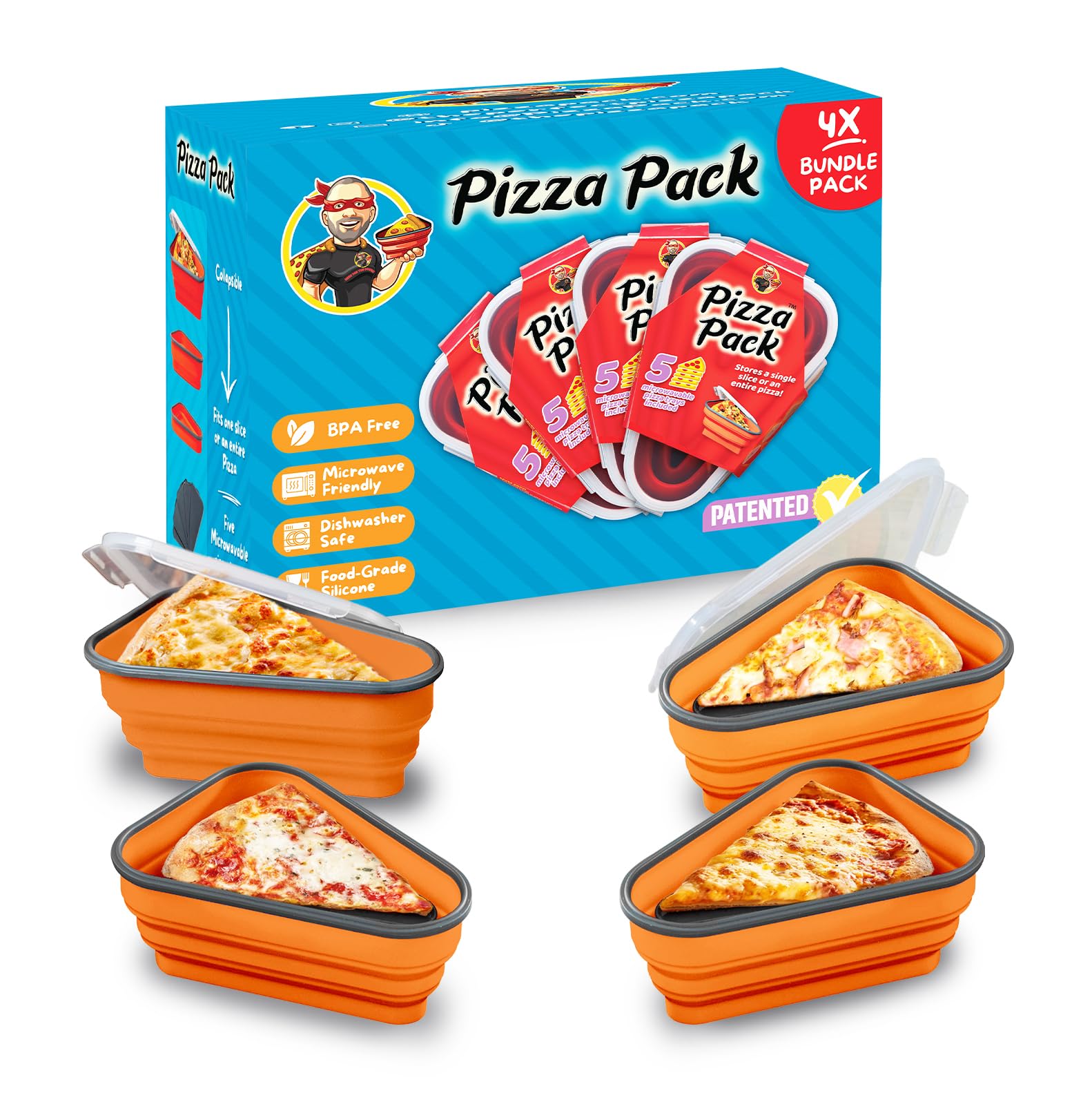 PIZZA PACK The Perfect Reusable Pizza Storage Container with 5 Microwavable Serving Trays - BPA-Free Adjustable Pizza Slice Container to Organize & Save Space, Orange 4 pk Image PIZZA PACK The Perfect Reusable Pizza Storage Container with 5 Microwavable Serving Trays - BPA-Free Adjustable Pizza Slice Container to Organize & Save Space, Orange 4 pk Image
