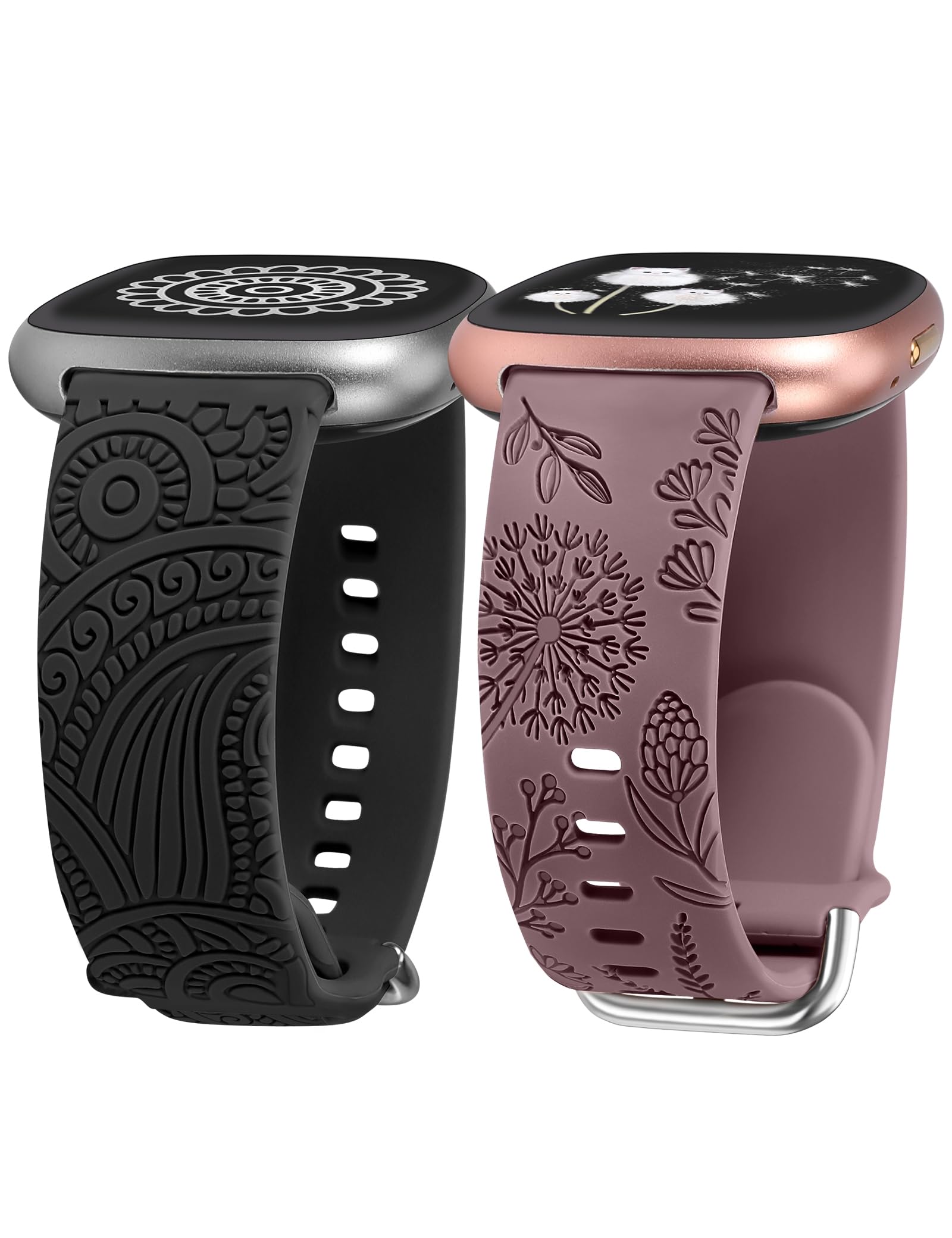 TOYOUTHS 2 Packs Floral Compatible with Fitbit Versa 4/Versa 3/Sense 2/Sense Straps, Soft Silicone Engraved Henna and Dandelion Pattern Sport Strap for Versa 3/4 Sense 1/2, Smoked Violet+Black — image 1