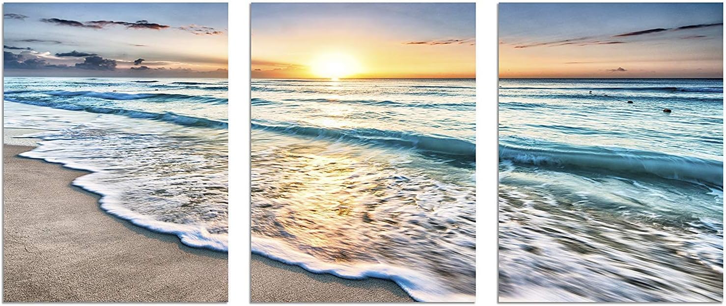 TutuBeer 3 Panel Beach Canvas Wall Art for Home Decor Blue Sea Sunset White Beach Painting The Picture Print On Canvas Seascape The Pictures for Home Decor Decoration, Ready to Hang: Posters & Prints