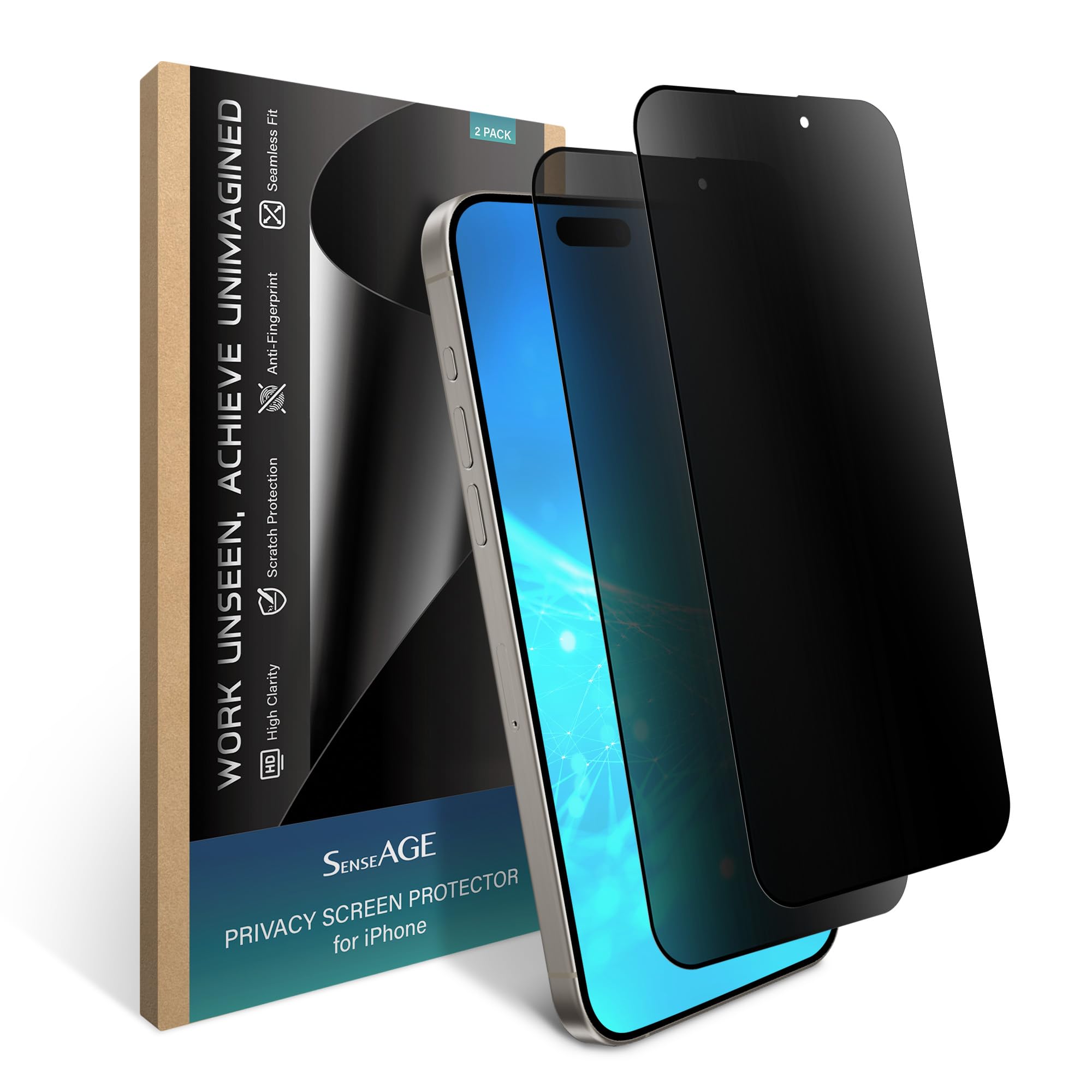 SenseAGE 2 Pack Privacy Screen Protector for iPhone, Anti Spy Private Aluminosilicate Glass, Anti-Scratch, Full Screen HD, Easy Installation, Case Friendly (iPhone 15 Pro Max [6.7 Inch])