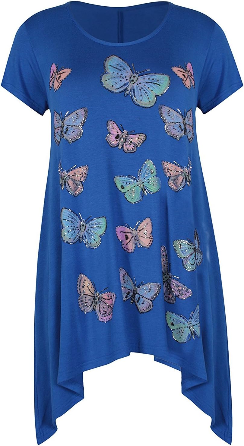 Womens Plus Size Round Neck Short Sleeves Glitter Bead Butterfly Print Motif Hanky Hem Long Top T-Shirt T-Dress 14-28