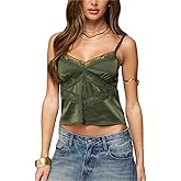 Women Lace Trim Satin Tank Top Sexy V Neck Spaghetti Strap Sleeveless Silky Cami Shirt Coquette Streetwear