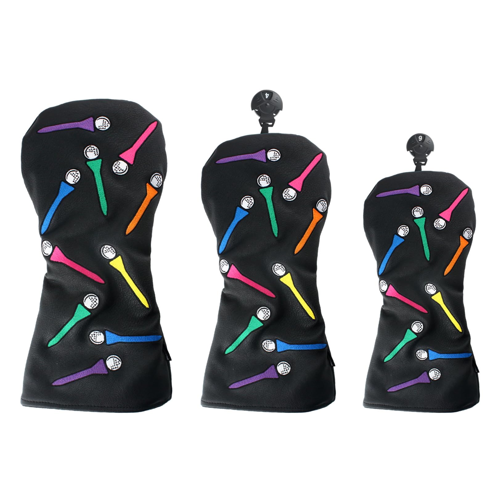 Andux 3pcs/Set Tee Pattern PU Golf Wood Club Head Covers 460cc Driver Covers Black