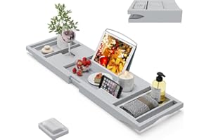 BAMBUROBA Foldable Bamboo Bathtub Caddy Tray Expandable for Luxury Bath, Bath Accessories & Table with Wine Glass Holder, Book Stand Bathroom Organizer with Extending Sides for Men/Women,Gray