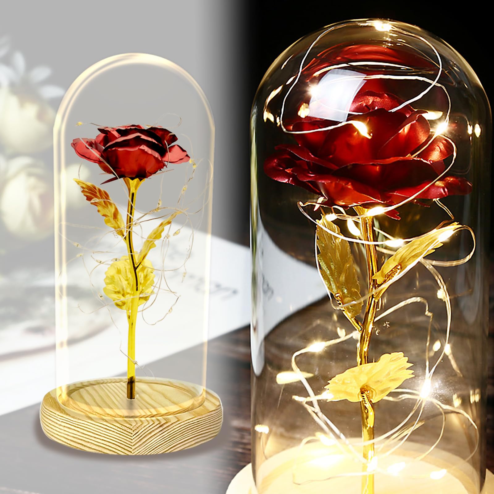 TINYOUTH 24K Red in Glass Dome, Gold Plated Light Up Rose Batteries Included Rose Gifts for Women/Her/Mum Wedding Anniversary Valentines Birthday Xmas