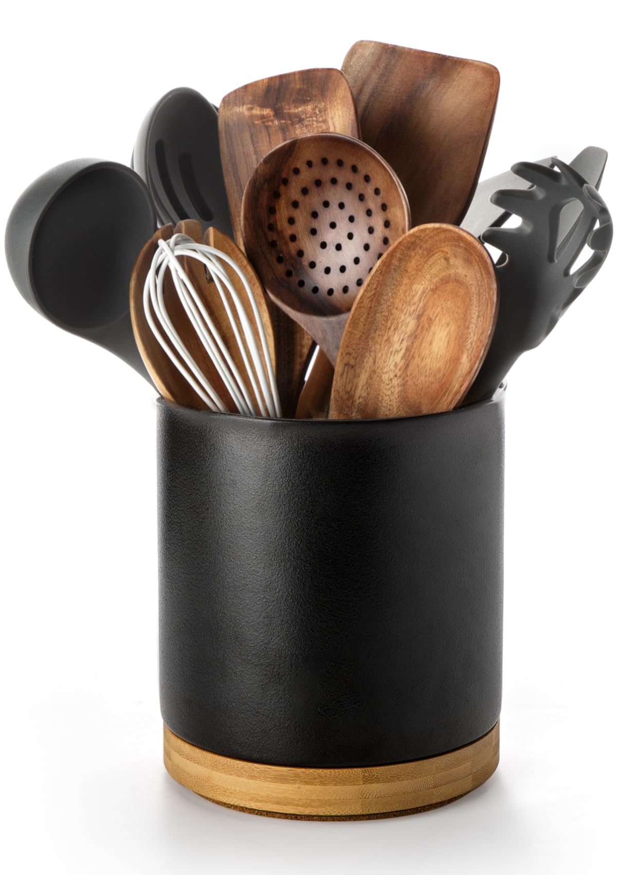 WRINGKIT Utensil Holder For Kitchen – Black Metal Organizer With Wood Base, 3 Compartments, Countertop Storage - View #7