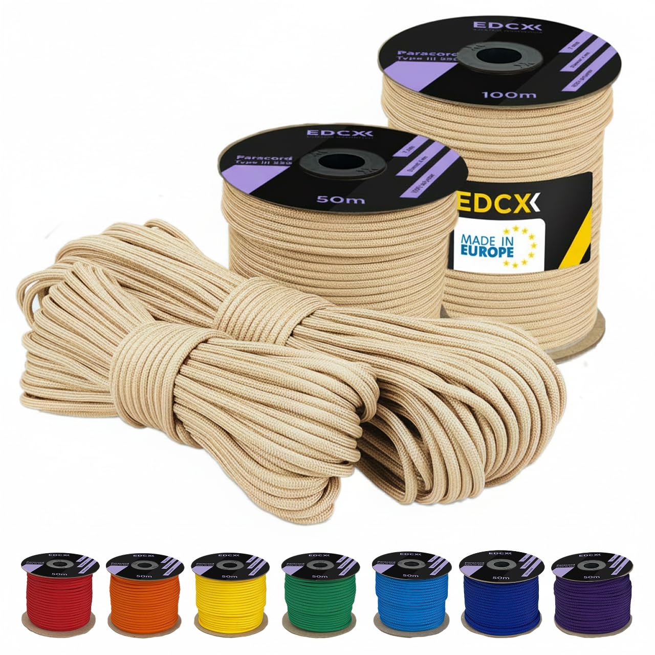 EDCX 4 mm Polyester Paracord 550 (15, 30 and 50 m) – 4 mm Type III, Tear-Resistant Parachute Cord for Survival Made of 100% Polyester with 7 Wires | Solid Colours (Beige, 15 m)