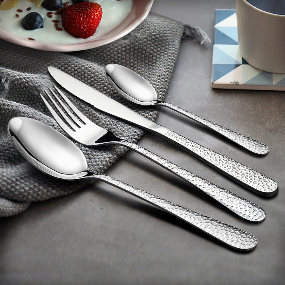 HaWare Cutlery Set, 32-Piece Stainless Steel Hammered Flatware Silverware Include Knife/Spoon/Fork - Image 4