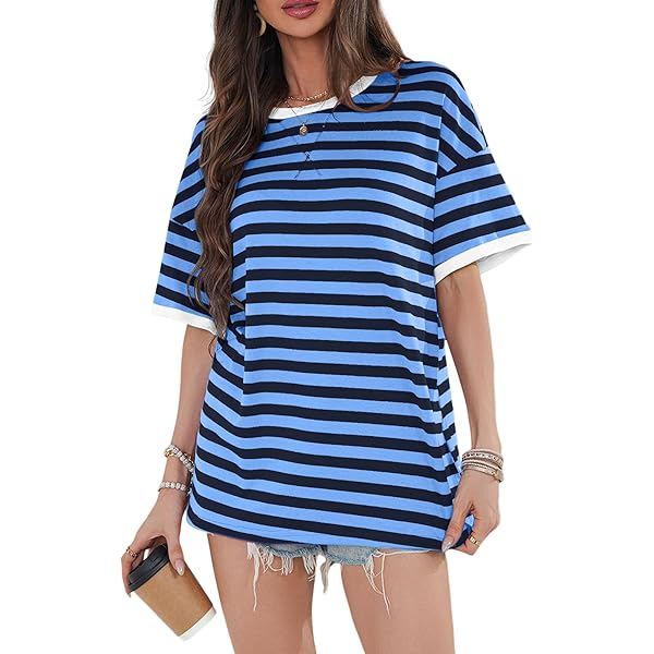Dokotoo Womens Striped Color Block Oversized T-Shirt Summer