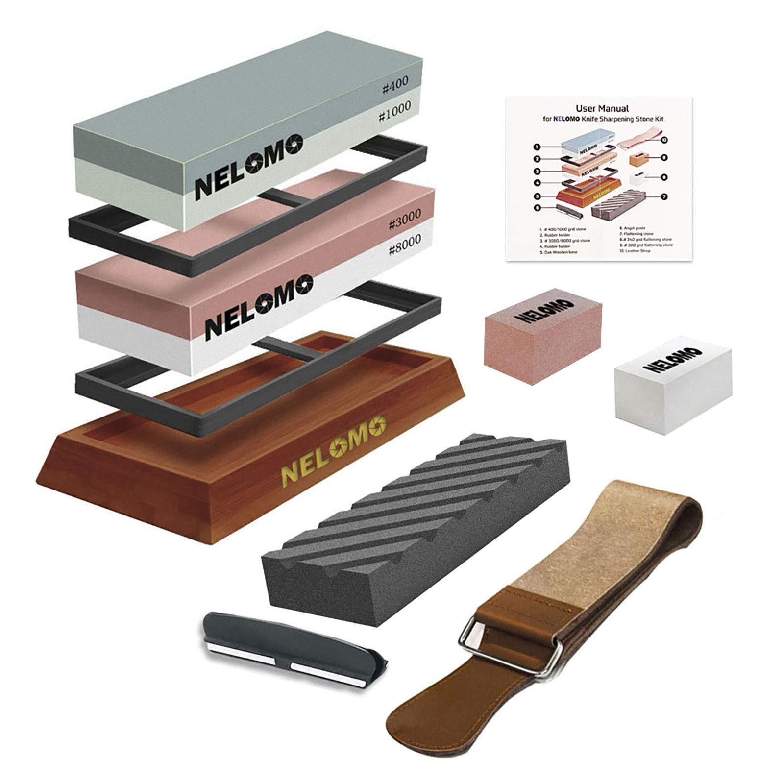 Whetstone, NELOMO Knife Sharpening Stone Set 400/1000 3000/8000 Grit 4 Side Knife Sharpener Stone Wet Water Stone Kit with Non-Slip Oak Base Leather Strop Angle Guide Flattening Stone