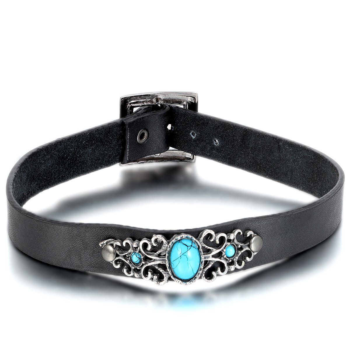 Oidea Leather Choker Necklace for Women: Antique Adjustable Buckle Collar Imitation Turquoise Charm Punk Collar with Gift Bag
