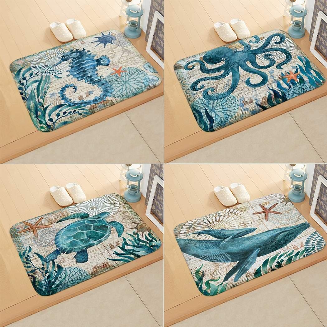 Floor Mat Print Octopus Door Mat with Hippocampus Pattern Bedroom Bathroom Home Sea Turtle Pattern Absorbent Non-Slip Carpet Mat Area Rugs (1)