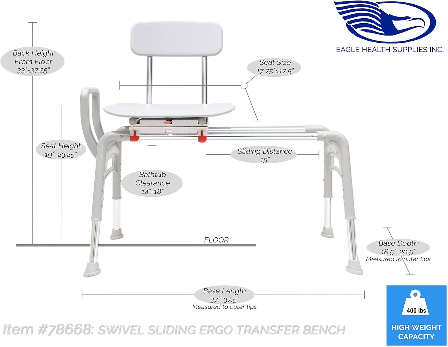 Eagle Health Ergo Swiveling Sliding Bathtub Transfer Bench & Shower Chair Reg. (78668), Safe, Patented, Comfortable, Tool-Less Assembly, Height Adjustable: Health & Personal Care
