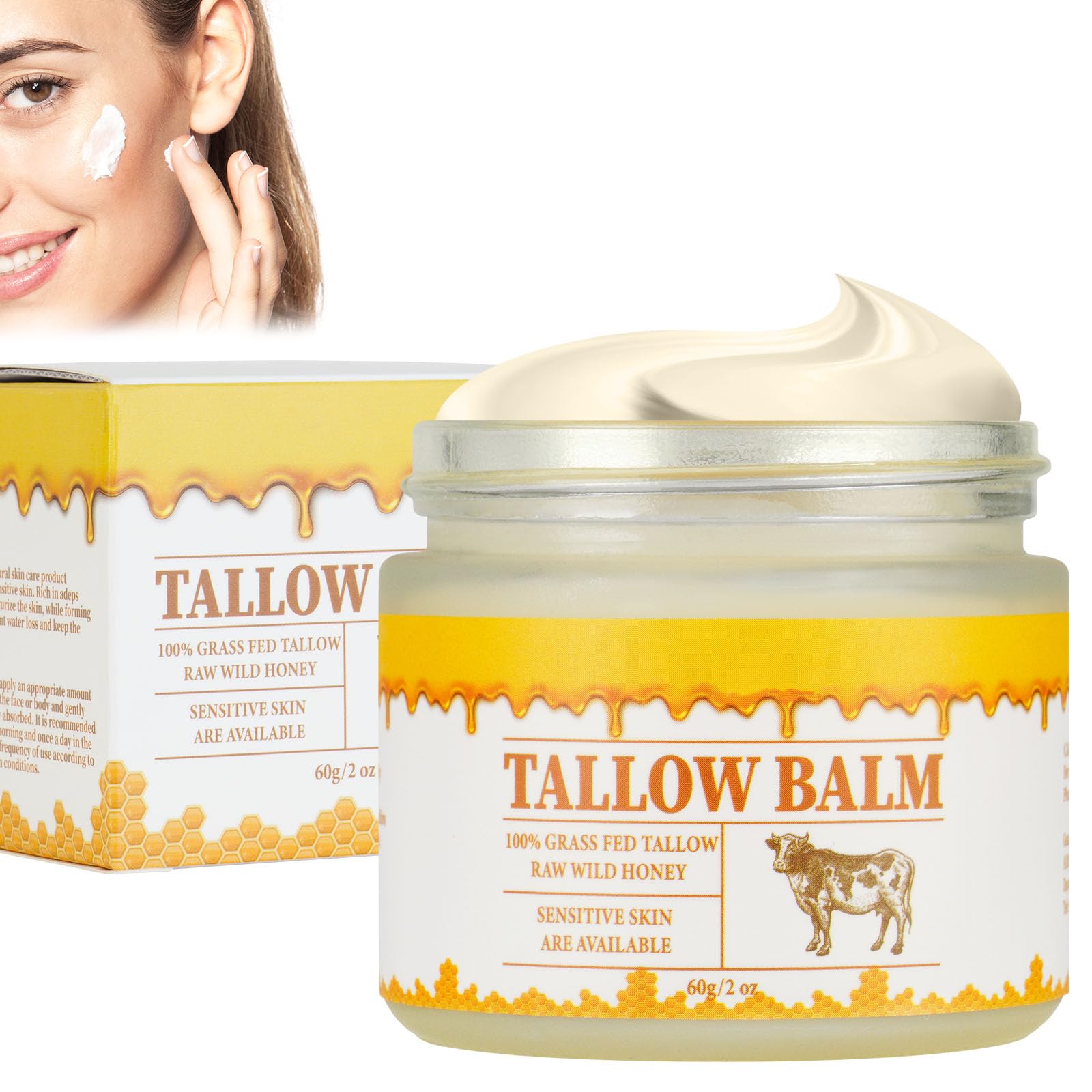 Beef Tallow Honey Balm, Beef Tallow for Skin, Organic Tallow Beef Honey Balm, Nourishing Beef Tallow Moisturiser, Skin Care Cream for Nourishing Dry Skin, 60g