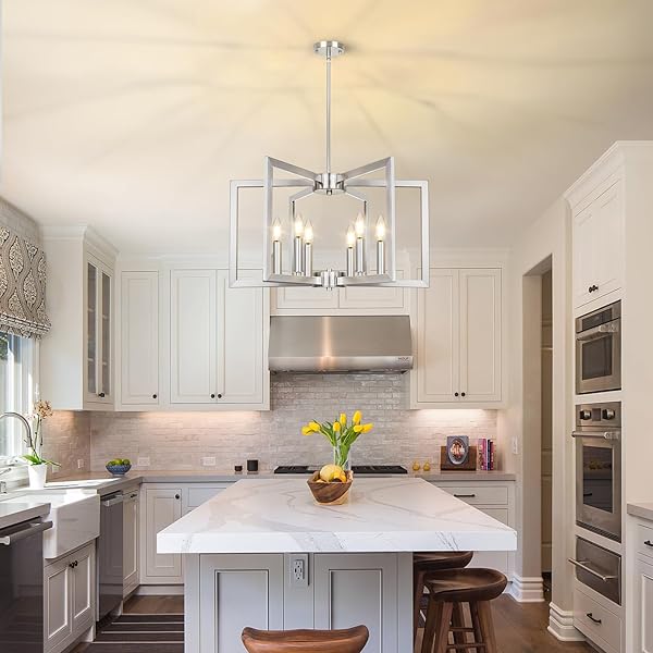 6-LIGHT BRUSHED NICKEL CHANDELIER, FARMHOUSE DINING ROOM LIGHT FIXTURE, MODERN CHANDELIER, GEOMETRIC INDUSTRIAL METAL HANG LIGHTING FIXTURE FOR FOYER ENTRYWAY KITCHEN OVER TABLE HALLWAY LIVING ROOM