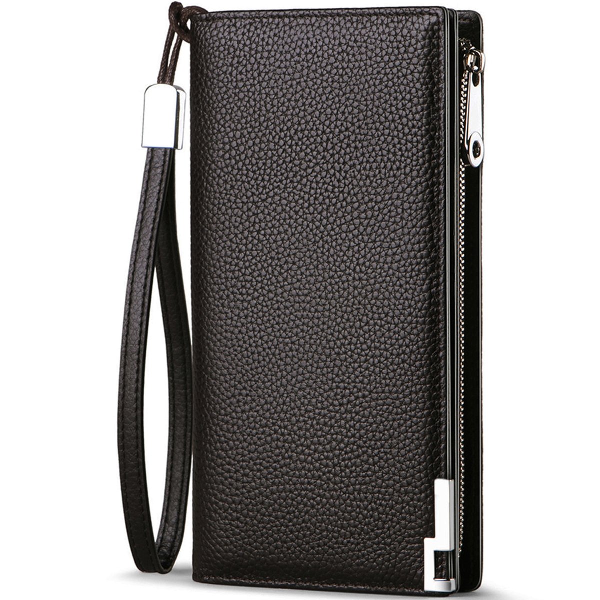 Huztencor Long Wallets for Men Leather RFID Blocking Wallet Bifold Slim Credit Card Holder Zipper Clutch Purse with Wrist Strap Coffee(Size: Large)