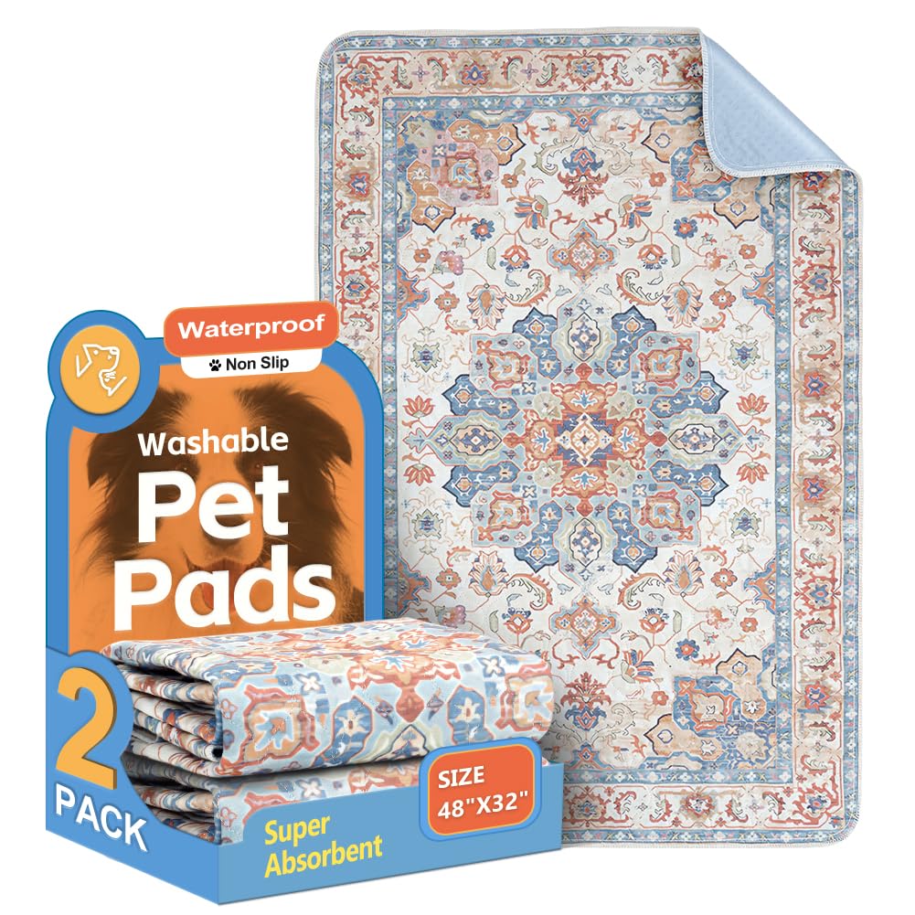 Washable Pee Pads for Dogs, 2 Pack Reusable Puppy Training Pads 122x81cm Super Absorbent Waterproof Dog Training Pads, Non-Slip Potty Pads for Floor, Crate, Whelping Pads Litter Mat Pet Supplies