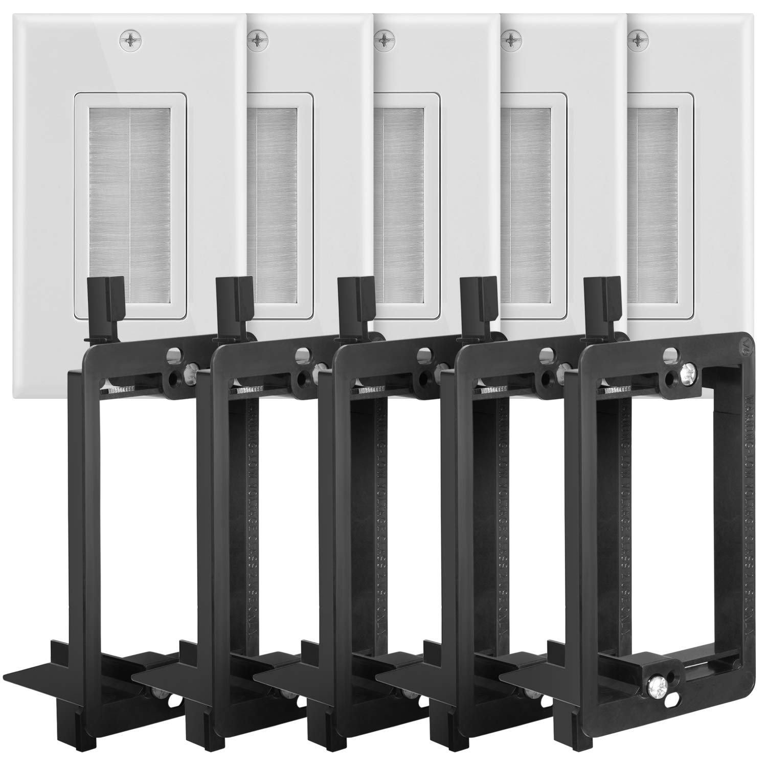 Fosmon (10 Pack) Single Gang Wall Plate, Brush Style Opening Passthrough Cable Plate with Low Voltage Mounting Bracket