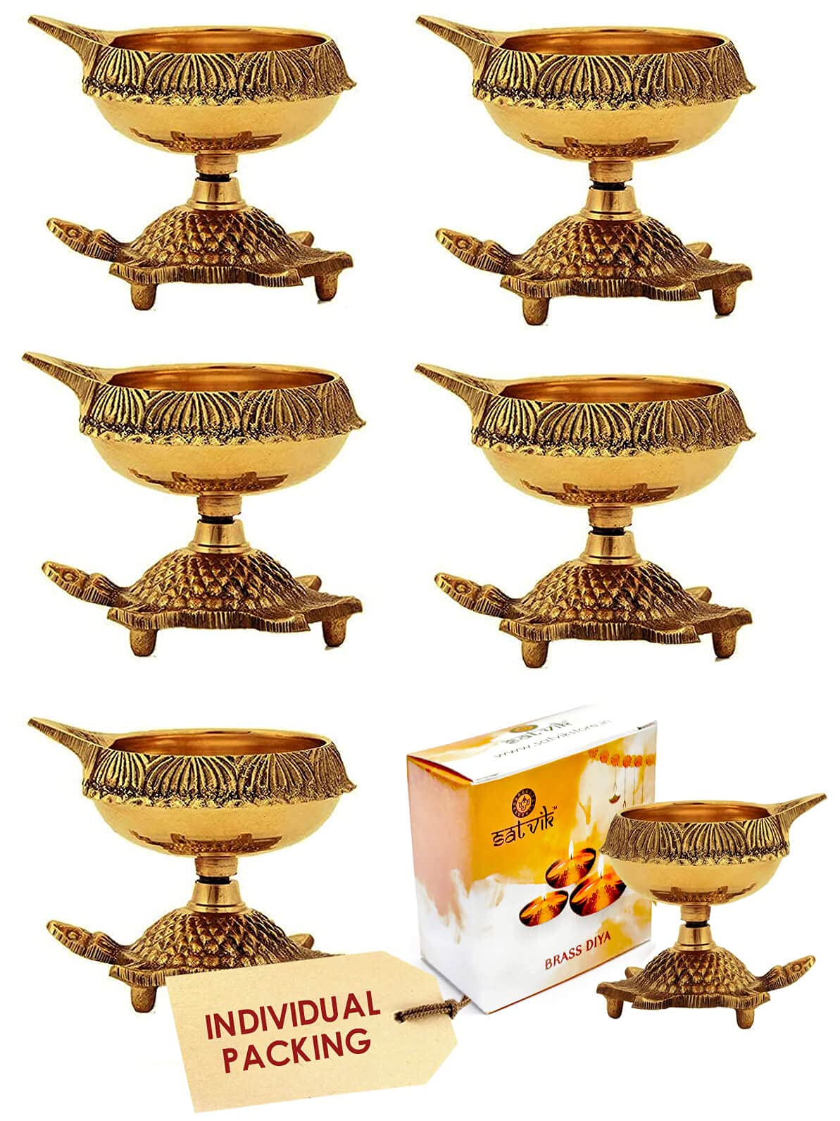 SATVIK 6pc Heavy Brass Kuber Turtle Diya for Diwali Decoration. Handmade Oil Lamp with Golden Engraved Pure Brass Metal. Diwali Diya Vilakku for Puja Pooja. Traditional Indian Deepawali Gift Items