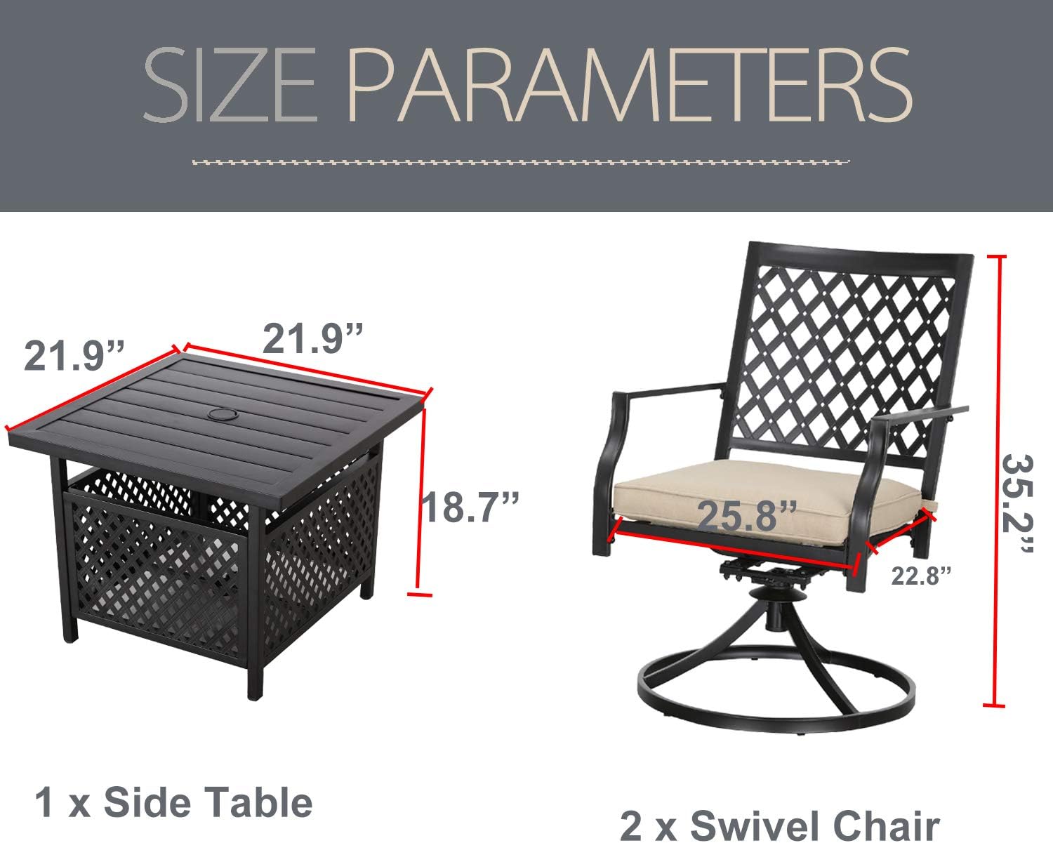 LOKATSE HOME 3 Pieces Patio Swivel Set Outdoor Metal Steel Furniture with 2 Dinning Chairs and Umbrella Side Square Table, bar, Beige Cushions: Garden & Outdoor