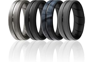 ROQ Silicone Rubber Wedding Ring for Men, Men's Wedding Band, Breathable Rubber Engagement Band, 2 Thin & Middle Lines, Beveled Edge & Engraved Duo, Multi Colors